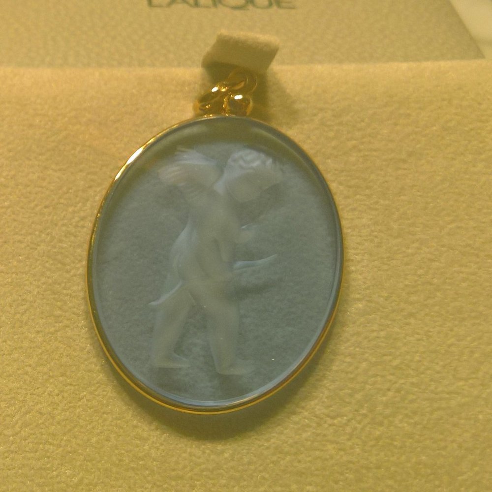Lalique Crystal Cupid Pendant with 14K Gold trim
